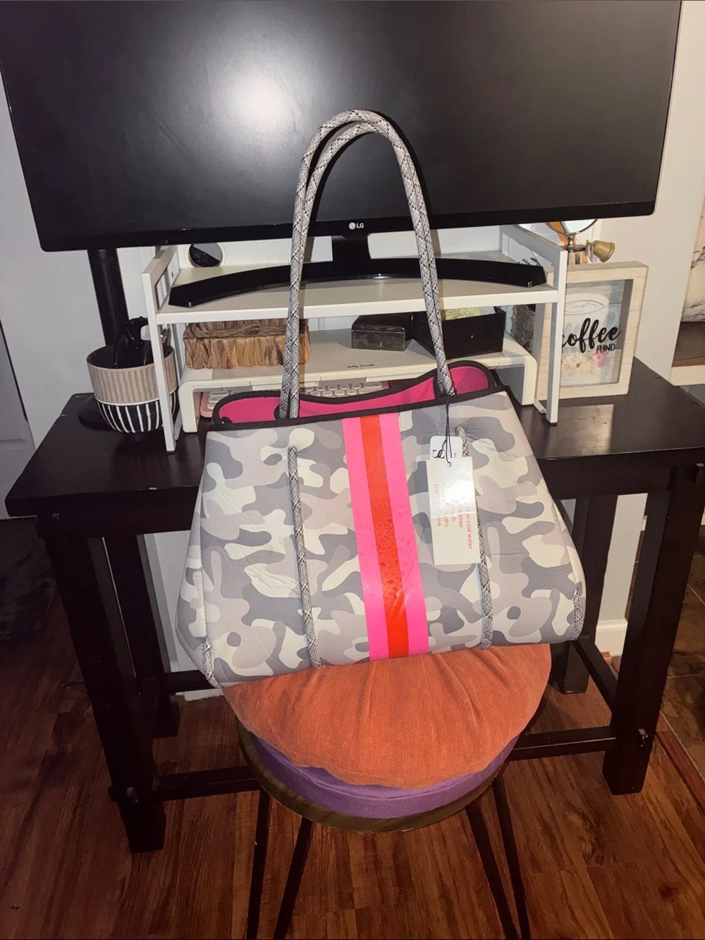 HAUTE SHORE Gray Camo Tote with Pink and Neon-Orange Stripe